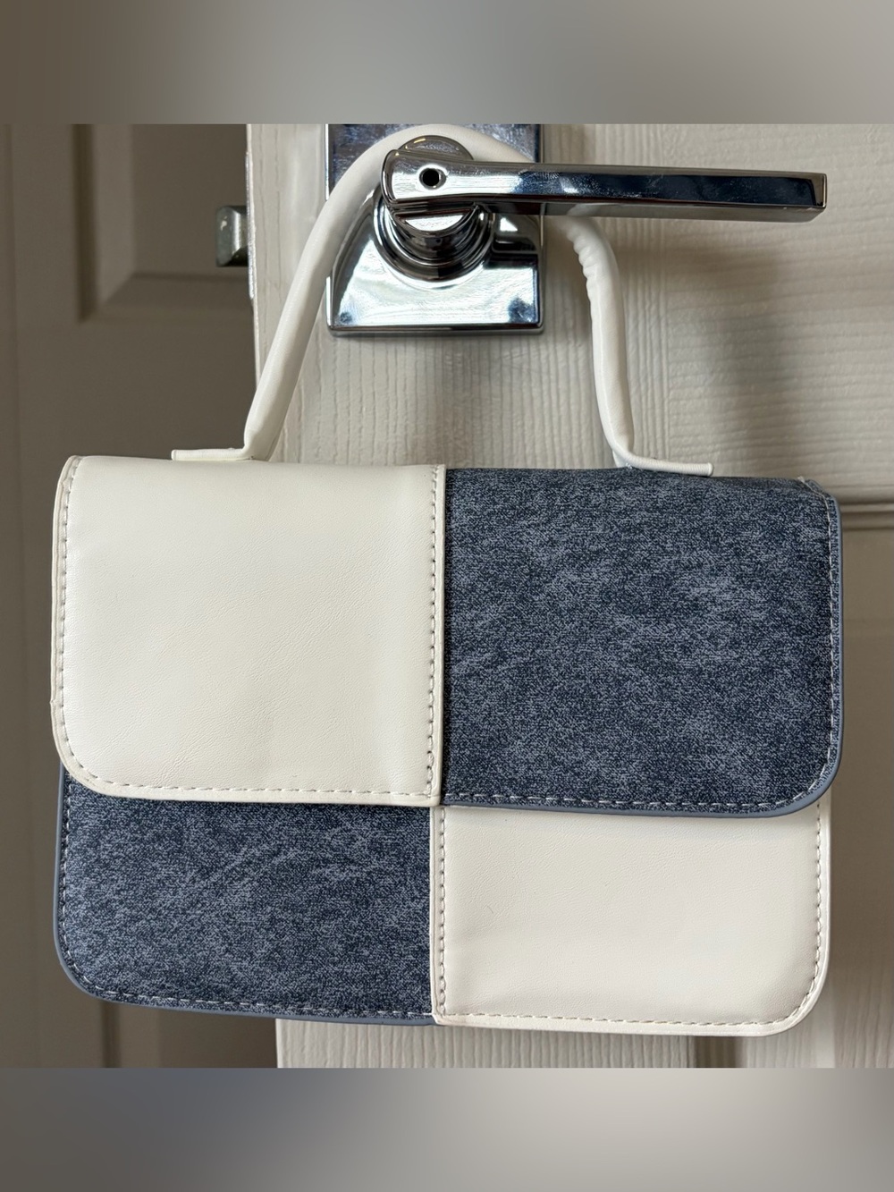 Two-Tone White and Denim Patchwork Top-Handle Crossbody Bag - Picture 7 of 7